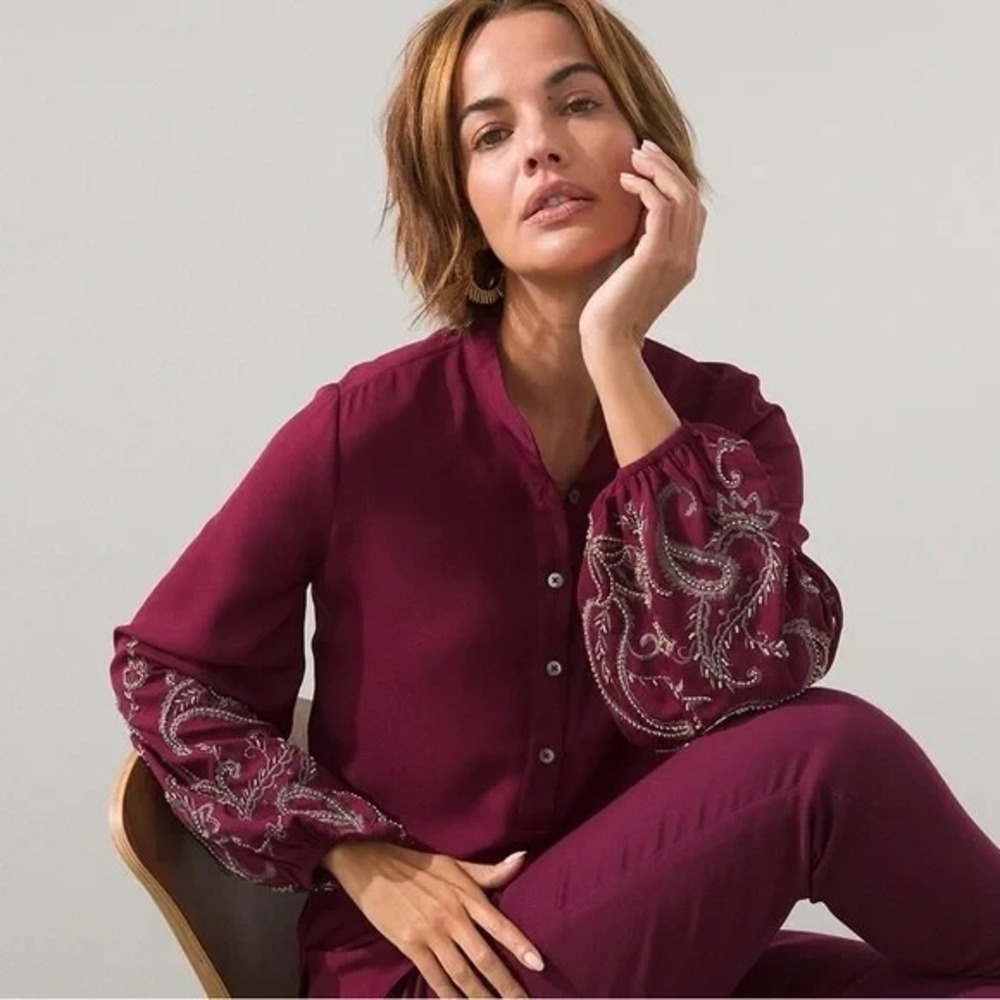 Chicos Peasant Blouse Top Womens 2 (Size 12) Embroidered Beaded Deep Chianti NWT